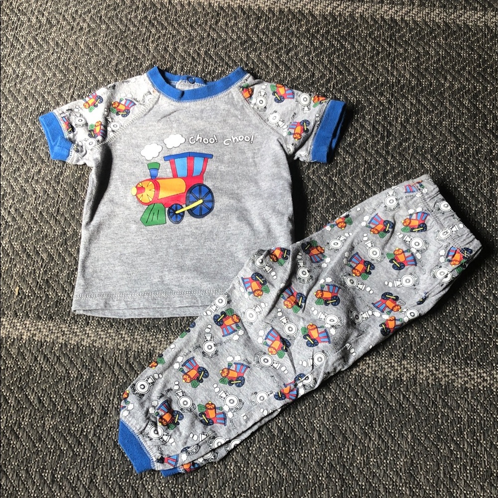 Grey Train-Print Kids Pajama Set with Blue Trim